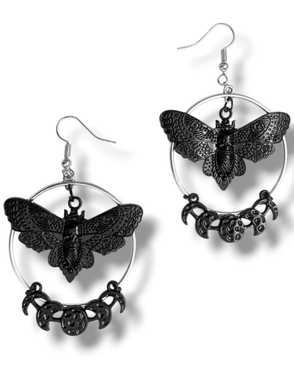 NWT Handmade Black Death Moth Moon Cycle and Hoop Layered Earrings